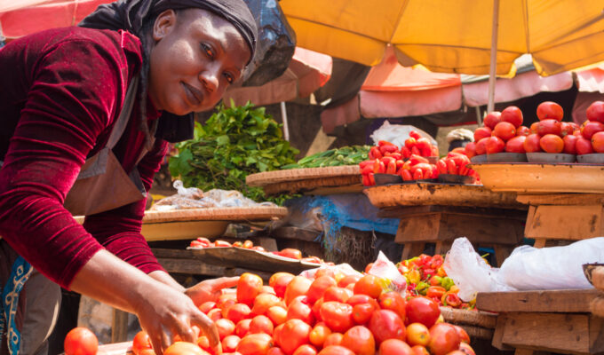 African Woman picking tomatoes in a Tray at a local market