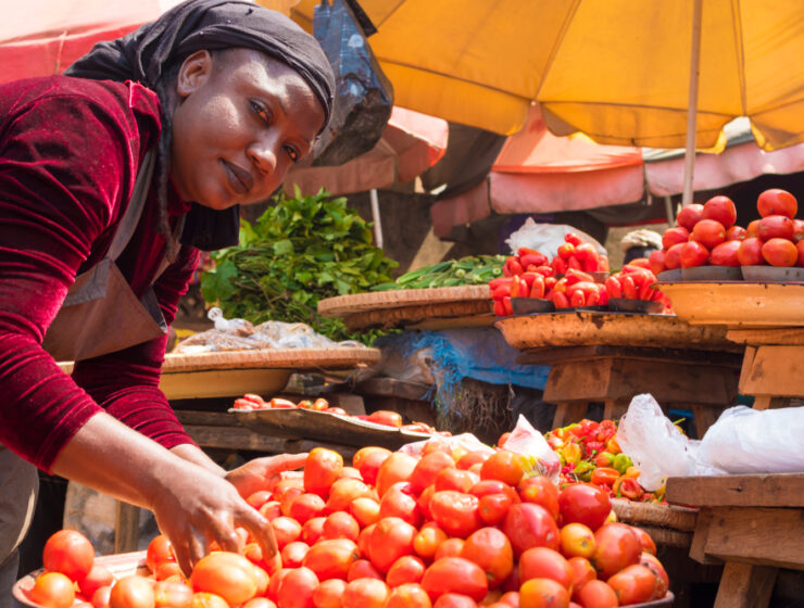 African Woman picking tomatoes in a Tray at a local market